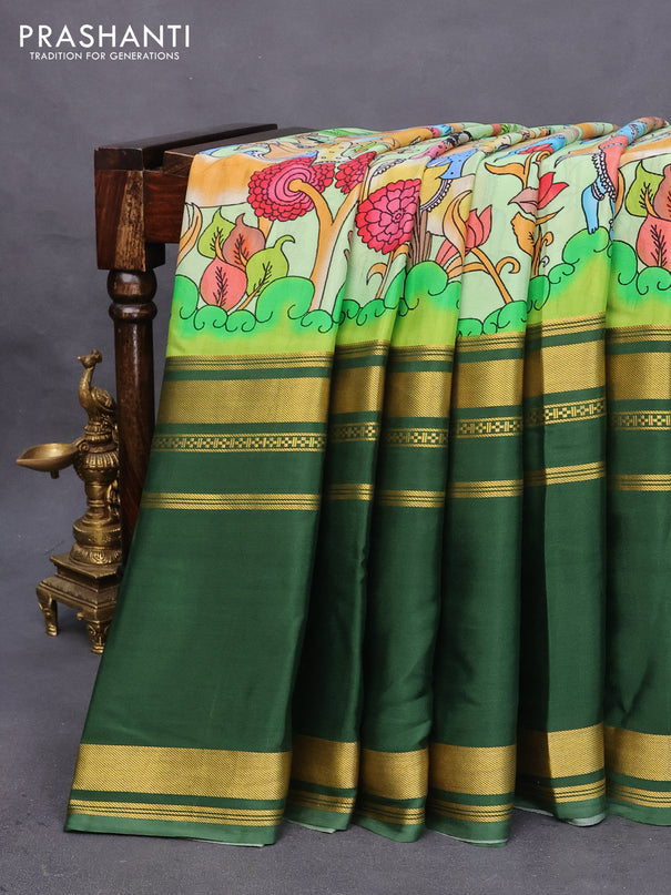 Pure mysore silk saree pista green and green with allover kalamkari digital prints and long rettapet zari woven border