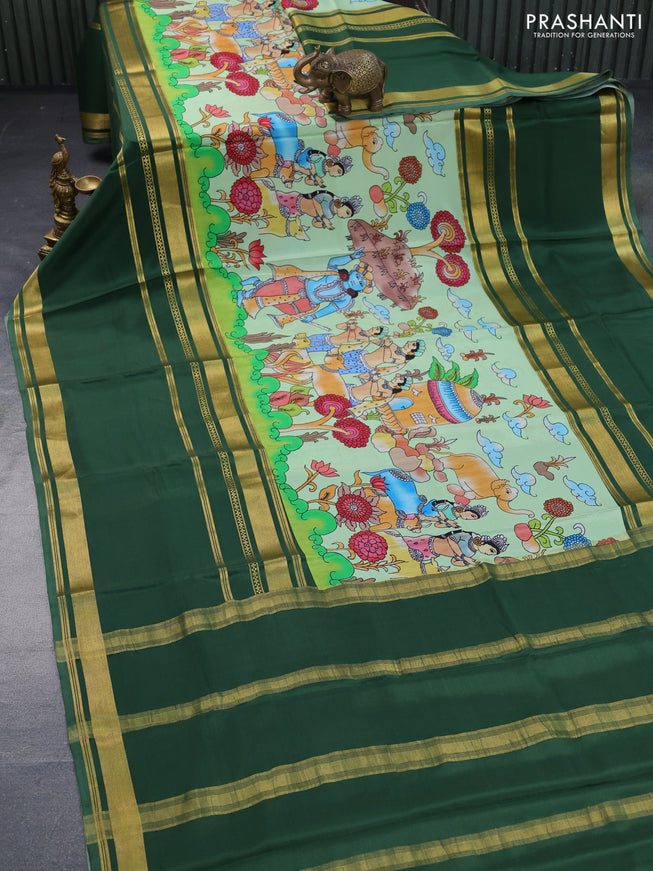 Pure mysore silk saree pista green and green with allover kalamkari digital prints and long rettapet zari woven border