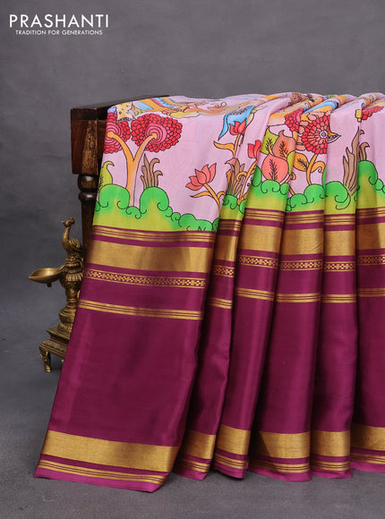 Pure mysore silk saree lotus pink and purple with allover kalamkari digital prints and long rettapet zari woven border