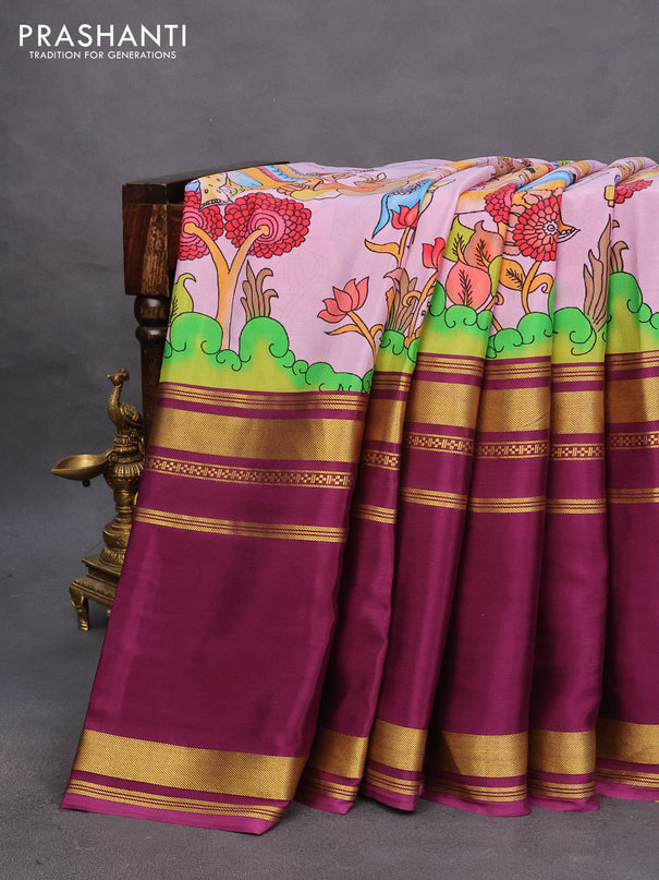 Pure mysore silk saree lotus pink and purple with allover kalamkari digital prints and long rettapet zari woven border