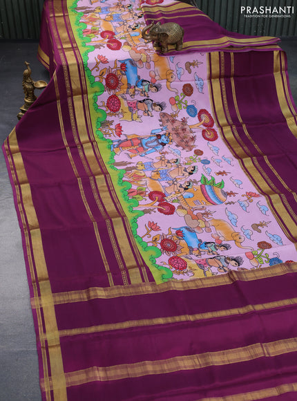 Pure mysore silk saree lotus pink and purple with allover kalamkari digital prints and long rettapet zari woven border