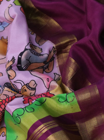 Pure mysore silk saree lotus pink and purple with allover kalamkari digital prints and long rettapet zari woven border