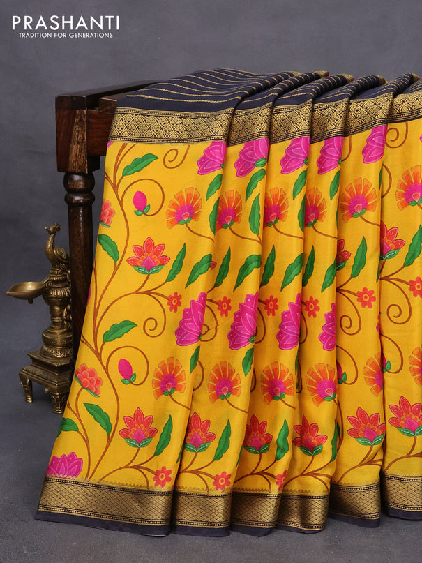 Pure mysore silk saree mango yellow and black with zari weaves and long zari woven border