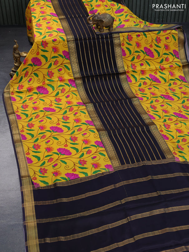 Pure mysore silk saree mango yellow and black with zari weaves and long zari woven border