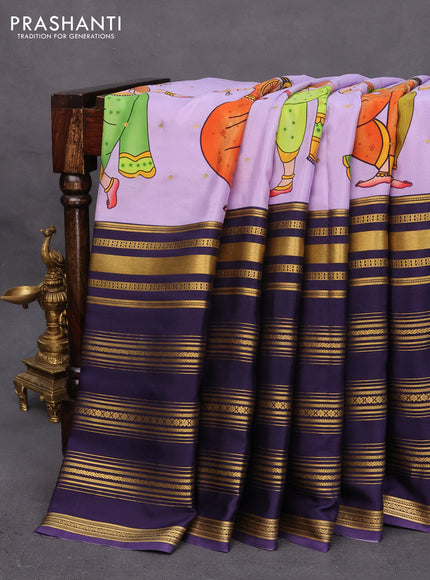 Pure mysore silk saree lavender shade and blue with allover kalamkari digital prints and long zari woven border