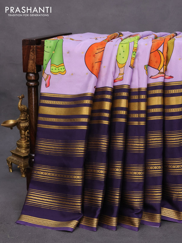 Pure mysore silk saree lavender shade and blue with allover kalamkari digital prints and long zari woven border