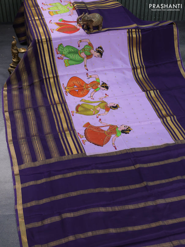 Pure mysore silk saree lavender shade and blue with allover kalamkari digital prints and long zari woven border