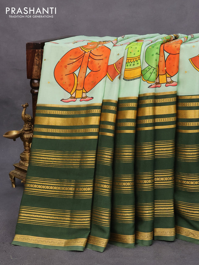 Pure mysore silk saree pastel green and sap green with allover kalamkari digital prints and long zari woven border