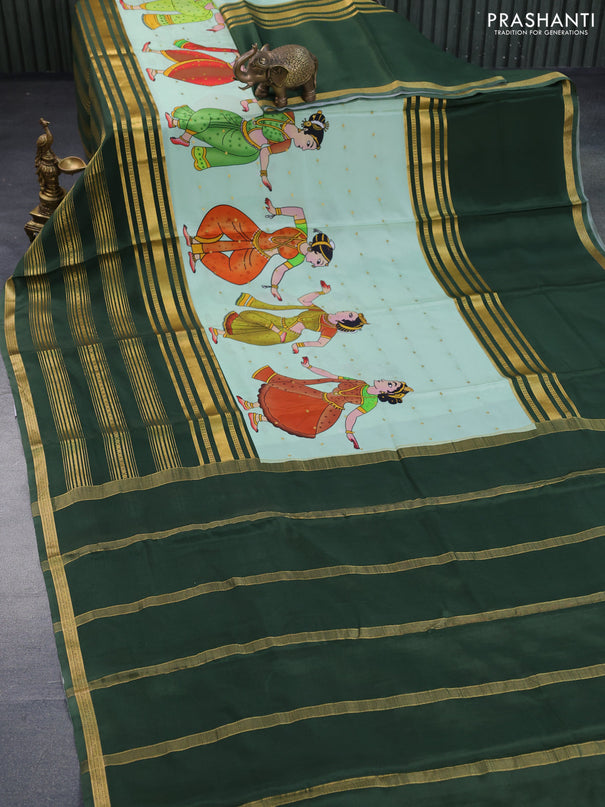 Pure mysore silk saree pastel green and sap green with allover kalamkari digital prints and long zari woven border