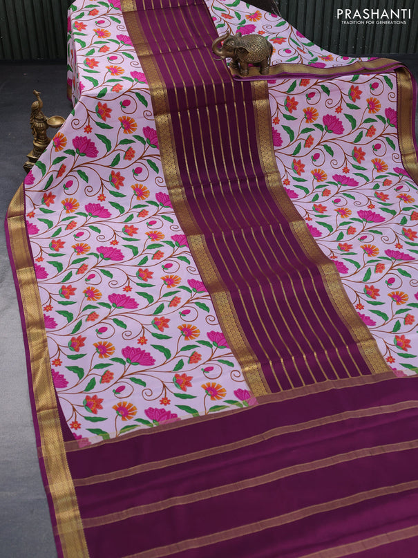 Pure mysore silk saree purple and pastel pink with zari weaves and long kalamkari digital printed border