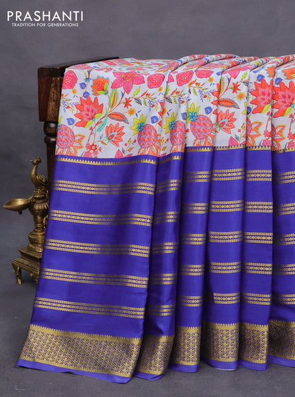 Pure mysore silk saree pastel blue and blue with allover digital prints and long zari woven border