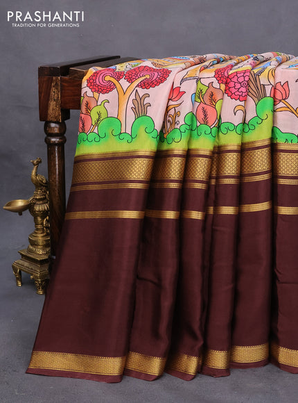 Pure mysore silk saree peach shade and brown with allover digital prints and long zari woven border