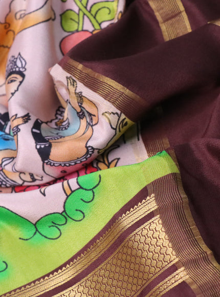 Pure mysore silk saree peach shade and brown with allover digital prints and long zari woven border