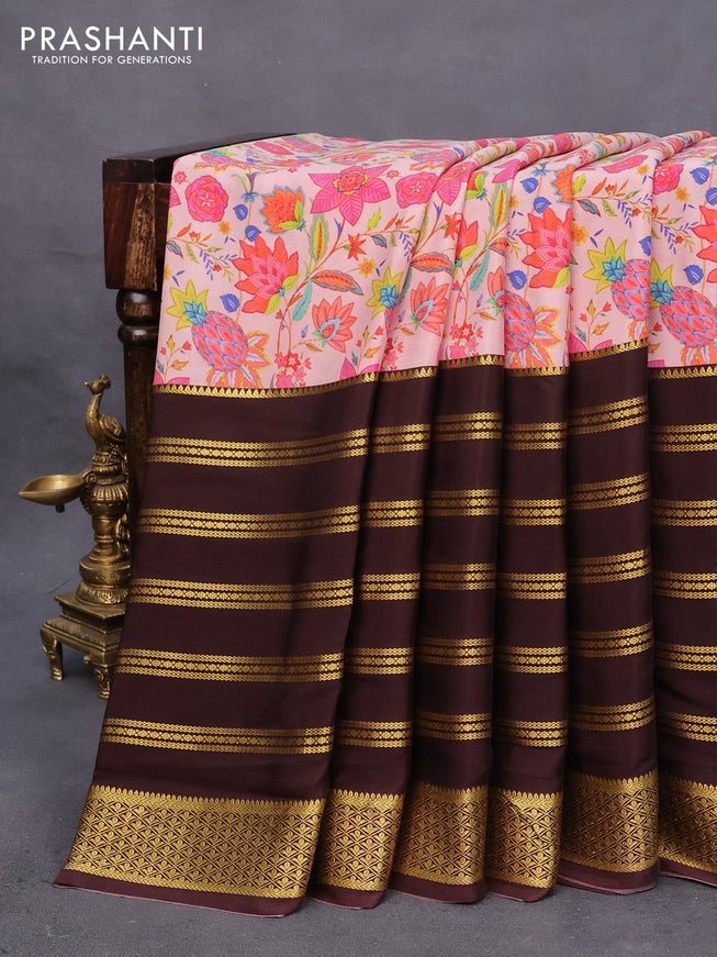 Pure mysore silk saree pastel peach shade and brown with allover digital prints and long rettapet zari woven border