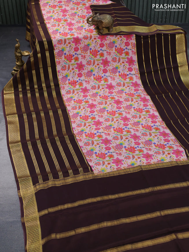 Pure mysore silk saree pastel peach shade and brown with allover digital prints and long rettapet zari woven border