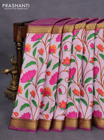 Pure mysore silk saree lotus pink and purple with zari weaves and long kalamkari digital printed border