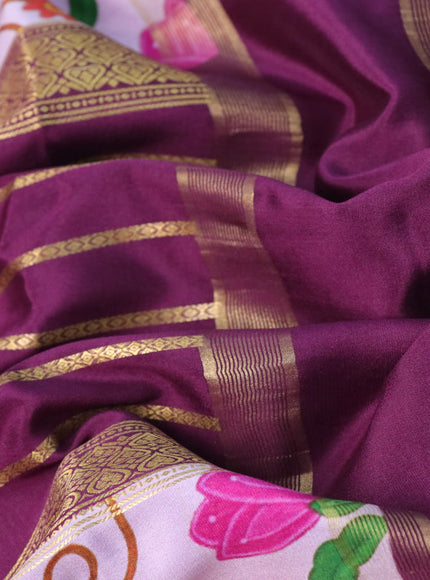 Pure mysore silk saree lotus pink and purple with zari weaves and long kalamkari digital printed border