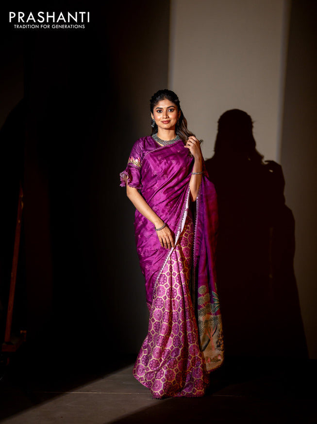 Semi tussar partly saree purple with thread woven buttas & ajrakh prints and lace work border & pichwai printed pallu