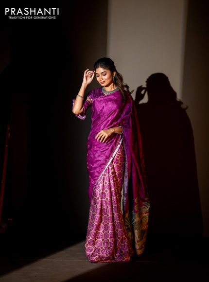 Semi tussar partly saree purple with thread woven buttas & ajrakh prints and lace work border & pichwai printed pallu