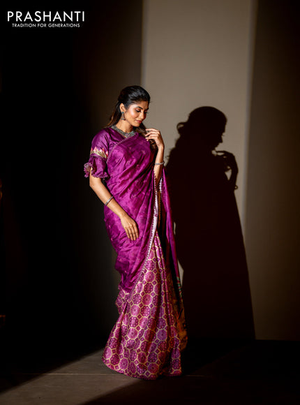 Semi tussar partly saree purple with thread woven buttas & ajrakh prints and lace work border & pichwai printed pallu