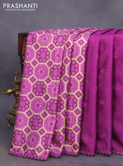 Semi tussar partly saree purple with thread woven buttas & ajrakh prints and lace work border & pichwai printed pallu