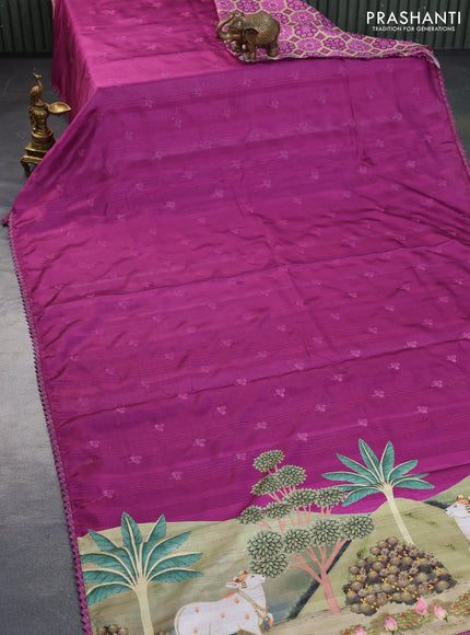 Semi tussar partly saree purple with thread woven buttas & ajrakh prints and lace work border & pichwai printed pallu