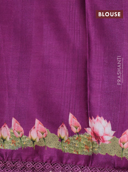 Semi tussar partly saree purple with thread woven buttas & ajrakh prints and lace work border & pichwai printed pallu