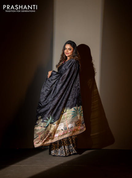 Semi tussar partly saree black with thread woven buttas & ajrakh prints and lace work border & pichwai printed pallu