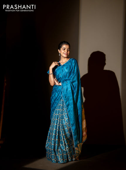 Semi tussar partly saree peacock blue with thread woven buttas & ajrakh prints and lace work border & pichwai printed pallu