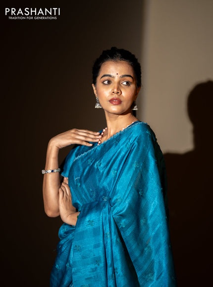 Semi tussar partly saree peacock blue with thread woven buttas & ajrakh prints and lace work border & pichwai printed pallu