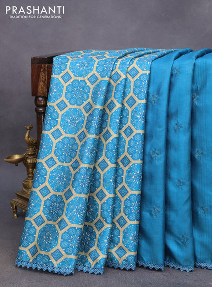 Semi tussar partly saree peacock blue with thread woven buttas & ajrakh prints and lace work border & pichwai printed pallu