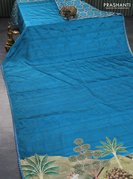 Semi tussar partly saree peacock blue with thread woven buttas & ajrakh prints and lace work border & pichwai printed pallu