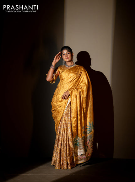 Semi tussar partly saree mustard shade with thread woven buttas & ajrakh prints and lace work border & pichwai printed pallu