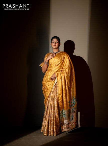 Semi tussar partly saree mustard shade with thread woven buttas & ajrakh prints and lace work border & pichwai printed pallu