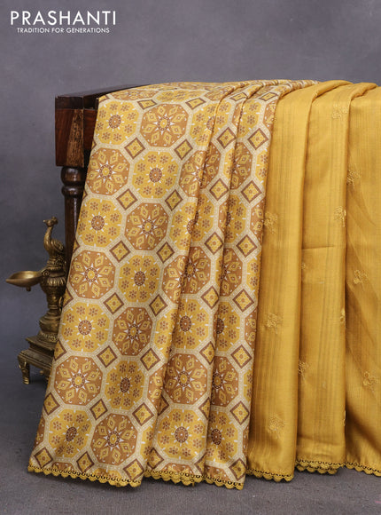 Semi tussar partly saree mustard shade with thread woven buttas & ajrakh prints and lace work border & pichwai printed pallu