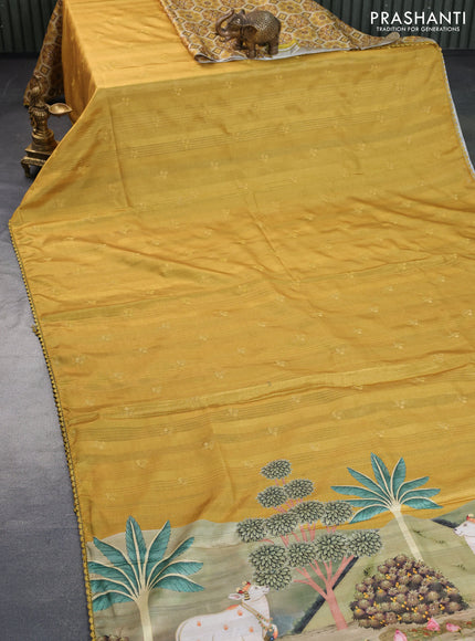 Semi tussar partly saree mustard shade with thread woven buttas & ajrakh prints and lace work border & pichwai printed pallu