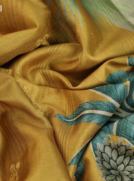 Semi tussar partly saree mustard shade with thread woven buttas & ajrakh prints and lace work border & pichwai printed pallu