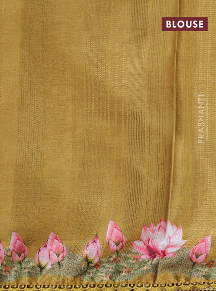 Semi tussar partly saree mustard shade with thread woven buttas & ajrakh prints and lace work border & pichwai printed pallu