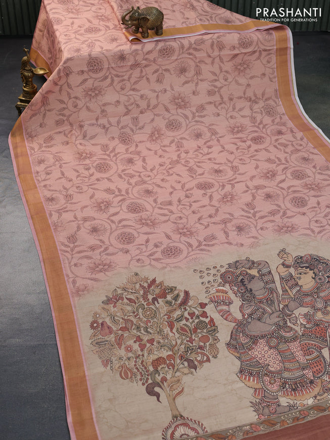 Tissue silk saree pastel peach shade with allover kalamkari prints and zari woven border