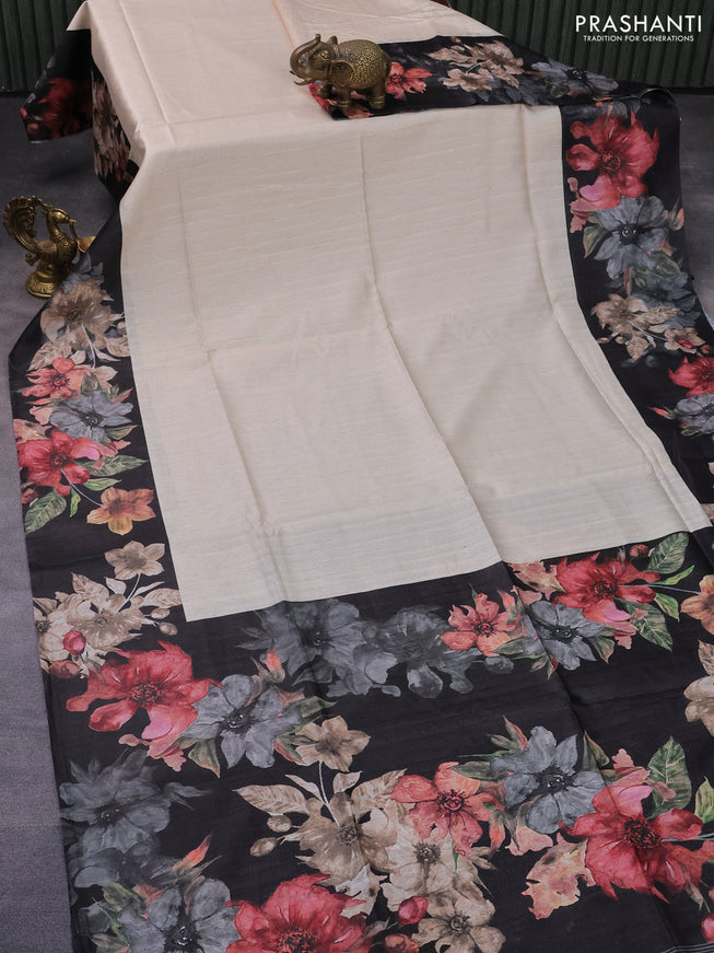 Semi tussar saree cream and black with plain body and floral digital printed border