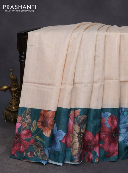 Semi tussar saree cream and peacock green with plain body and floral digital printed border