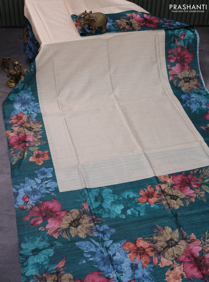 Semi tussar saree cream and peacock green with plain body and floral digital printed border