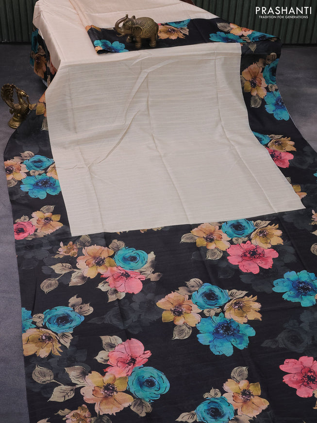 Semi tussar saree cream and black with plain body and floral digital printed border