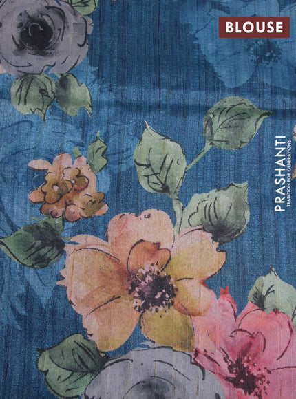 Semi tussar saree cream and peacock blue with plain body and floral digital printed border