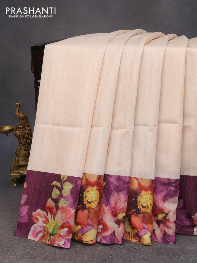 Semi tussar saree cream and deep purple with plain body and floral digital printed border