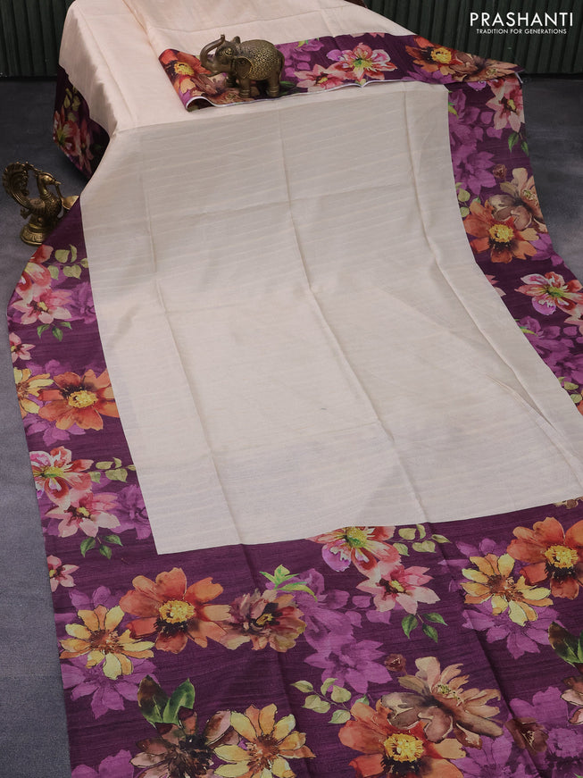 Semi tussar saree cream and deep purple with plain body and floral digital printed border