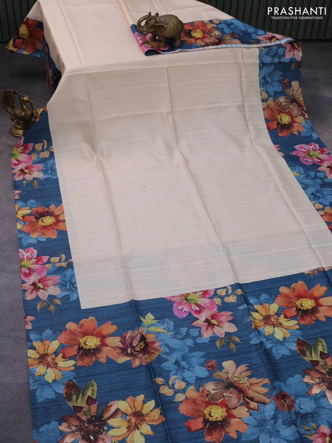 Semi tussar saree cream and peacock blue with plain body and floral digital printed border