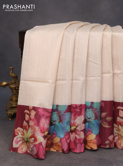 Semi tussar saree cream and maroon with plain body and floral digital printed border