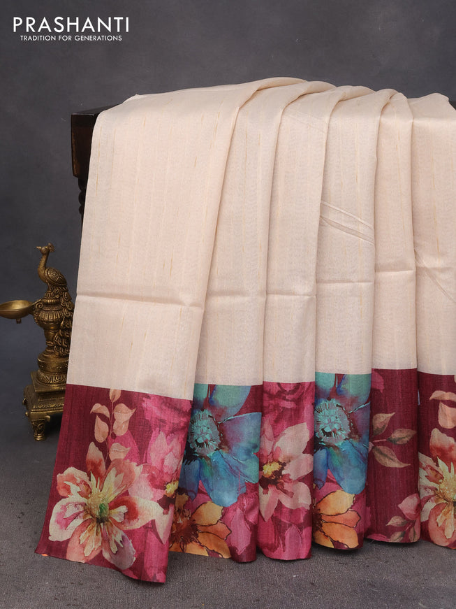 Semi tussar saree cream and maroon with plain body and floral digital printed border