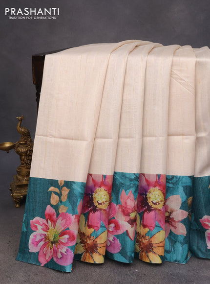 Semi tussar saree cream and peacock green with plain body and floral digital printed border